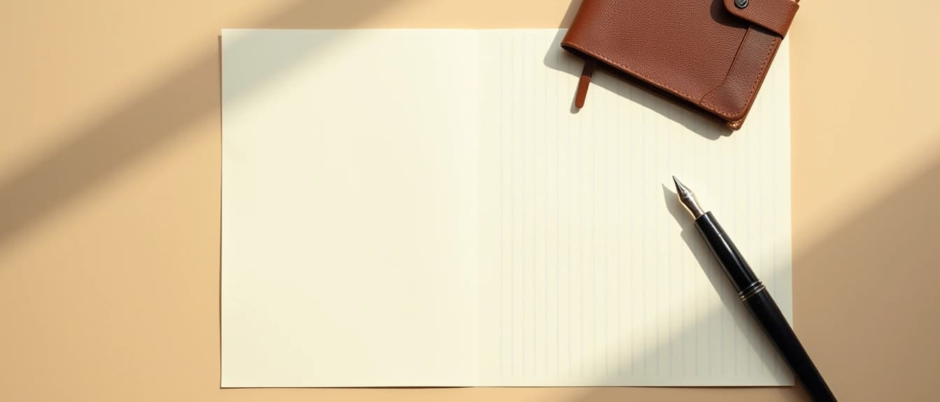 A still-life: a single blank cream paper sheet (the audit letter) layered over a faintly grid-ruled cream paper (the per-product fix CSV), a black-barrelled fountain pen resting at the bottom-right, and a closed brown leather-bound pocket notebook (the 30-day plan) at the top-right, on a warm cream backdrop in soft afternoon daylight from the upper-left.